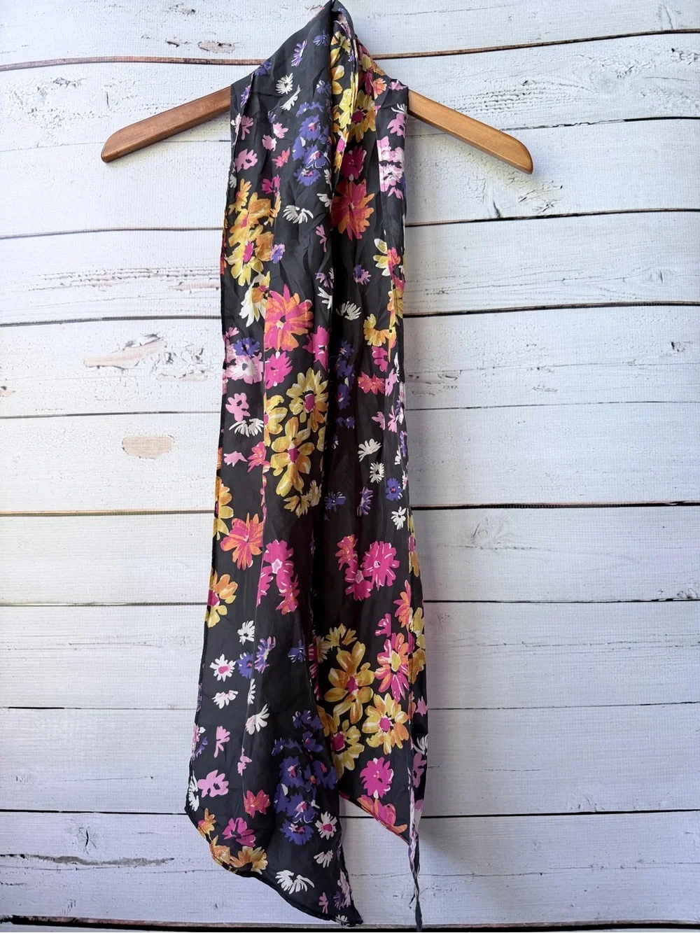 Black Floral Lightweight Scarf - Pink, Yellow & Purple Blooms